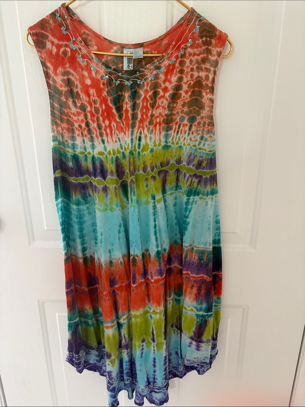 Sleeveless Tie-Dye Mini Dress in Coral, Teal & Lime